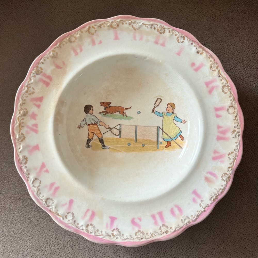 Antique 1920s McNicol Pottery Child’s Plate – Alphabet Rim & Tennis Scene